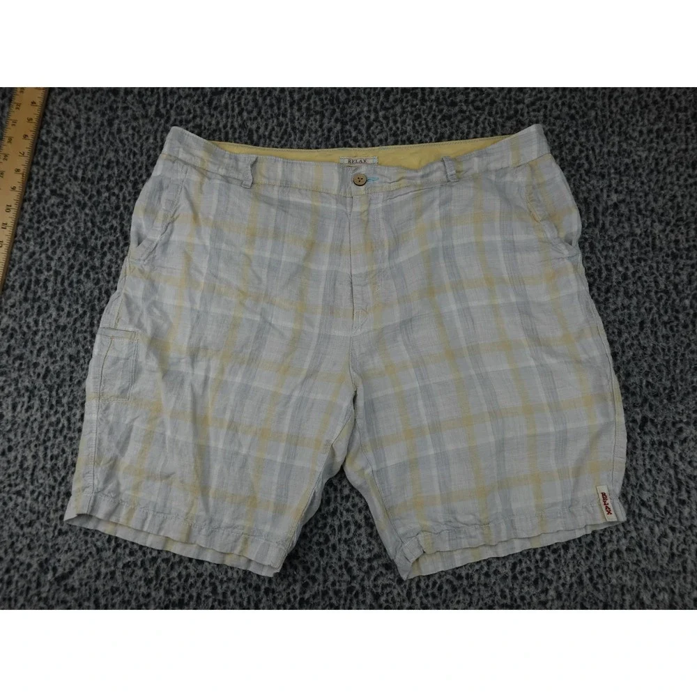 Tommy Bahama Relax Shorts Mens 40 Blue Yellow‎ Plaid 100% Linen Casual Cargo